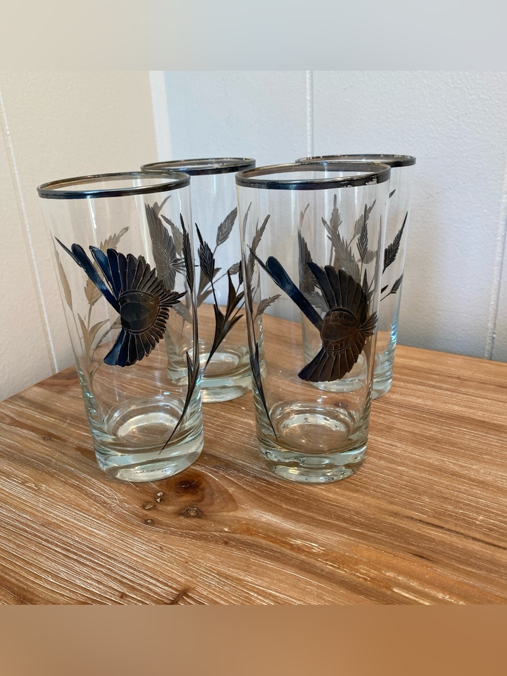 4 Sterling Silver Overlay Peru Peruvian Glasses Birds & Wheat Highball 6”x2.75”